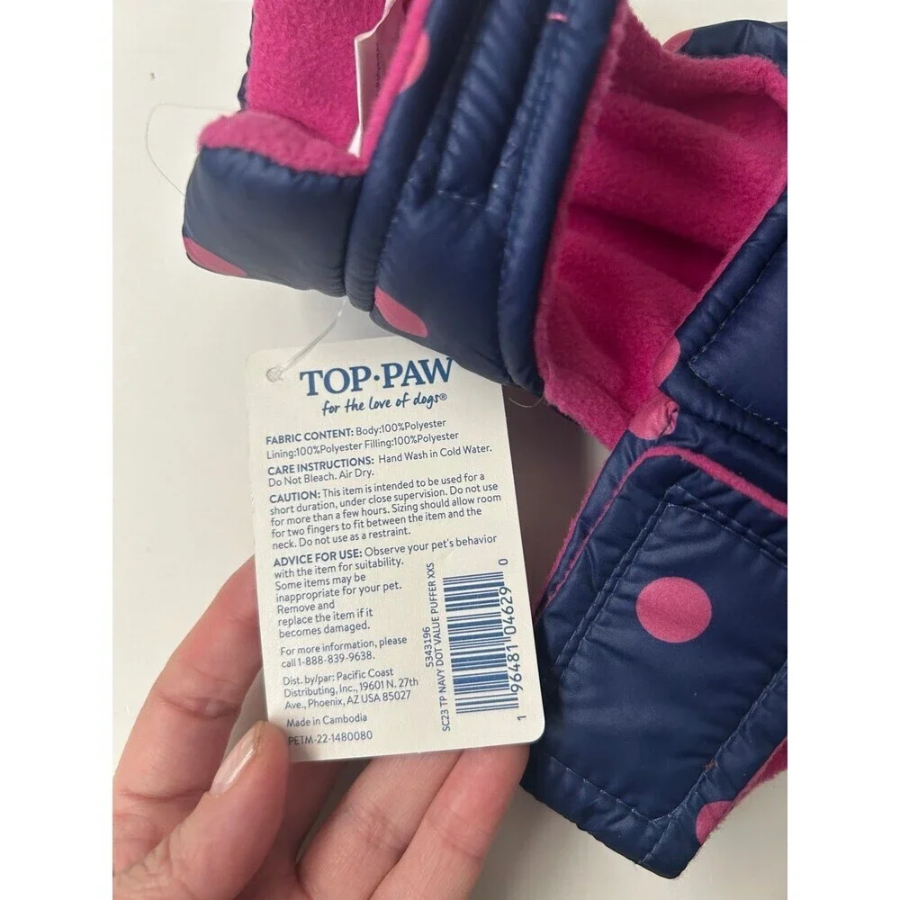 Top Paw Dog Puffer Vest/Jacket Blue Pink With  Polka Dots size XX-Small